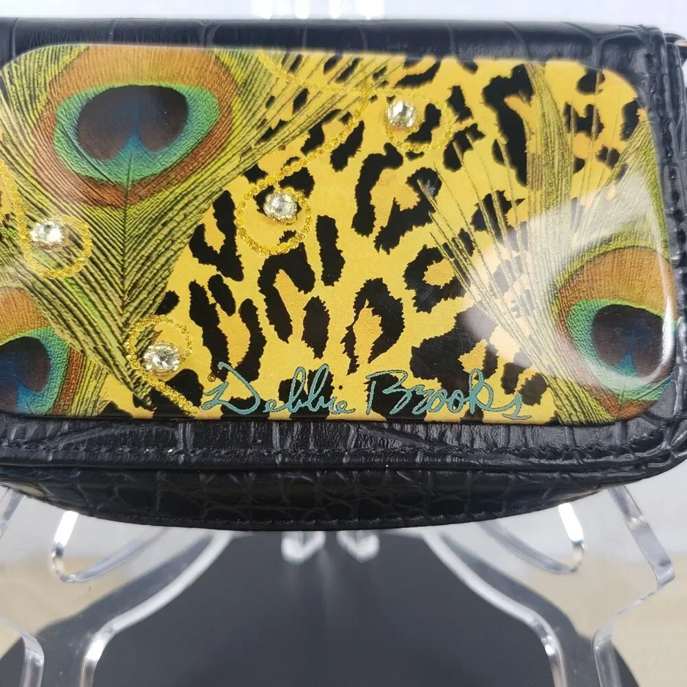 Debbie Brooks Black Peacock Animal Print Rhinestone Wristlet Wallet Phone Case